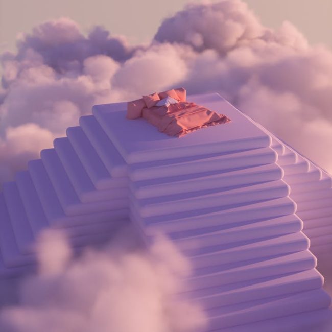 A dreamlike scene with a bed atop stairs surrounded by pink clouds, evokes serenity.