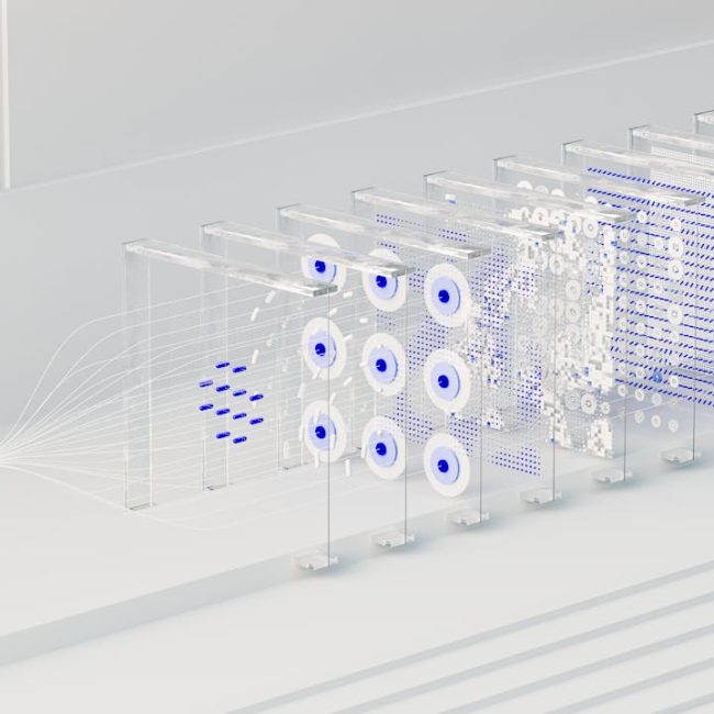 Visual abstraction of neural networks in AI technology, featuring data flow and algorithms.