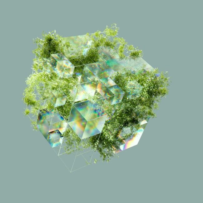 A digital abstract cube interwoven with lush greenery, symbolizing sustainability and technology.