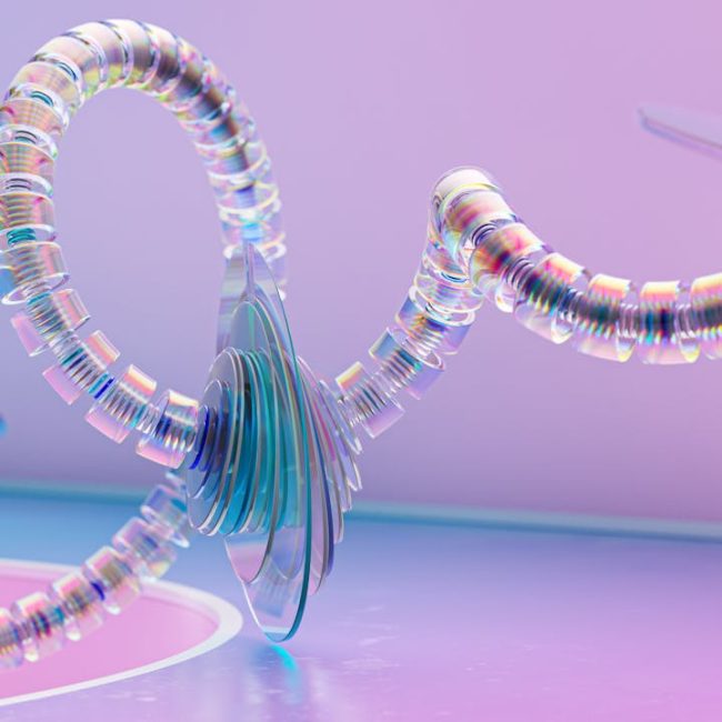 Colorful 3D render depicting a glass spiral structure with vibrant gradients.