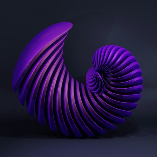 a purple sculpture is shown against a dark background